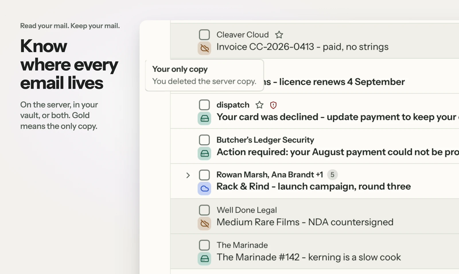 MailVault’s custody indicators distinguish messages on the server, in the vault, or in both places. Demo data from the supplied product tour.