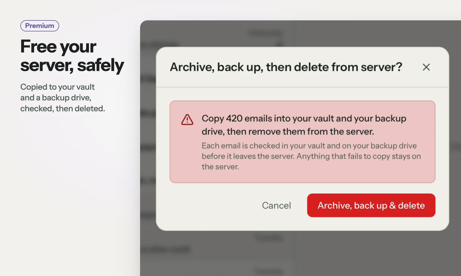 MailVault’s Premium archive, backup, and delete action checks copies before removing server messages. Demo data from the supplied product tour.