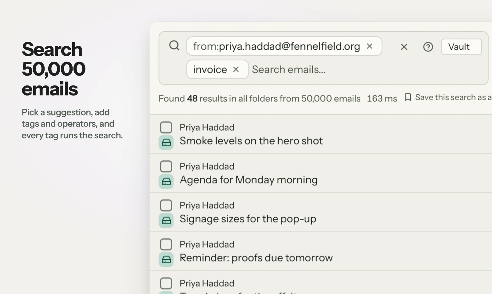 MailVault’s local search combines sender and keyword filters across saved mail. The displayed timing belongs to this demo capture, not a benchmark against Outlook.