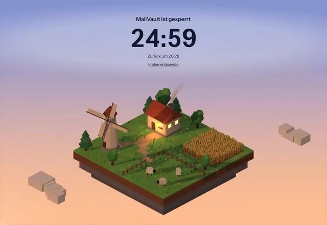 Der Button Fokus wird gedrückt, 25 Minuten werden gewählt, Start wird gedrückt, und ein Fokusbildschirm deckt das ganze Fenster ab, mit einem Countdown. · Reviewed for MailVault version 2.20.0