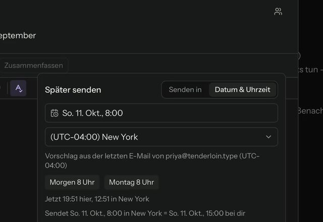 Unter Später senden wird Morgen 8 Uhr gewählt, Senden planen wird gedrückt, und die Nachricht erscheint unter Geplant. · Reviewed for MailVault version 2.20.0