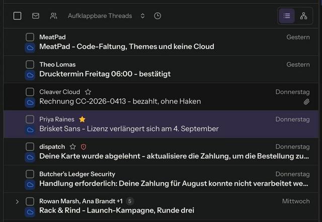 In den Einstellungen für Tastenkürzel wird das Kürzel für Markieren von s auf l geändert. Dann wird l gedrückt, und die geöffnete Nachricht wird markiert. · Reviewed for MailVault version 2.20.0