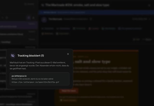 Ein Newsletter öffnet sich mit der Markierung Tracker blockiert, und das Augensymbol öffnet Tracking blockiert (1), das den Tracker nennt. · Reviewed for MailVault version 2.20.0