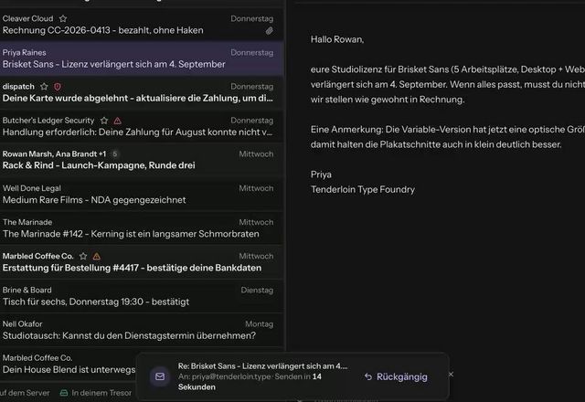 Eine Antwort wird gesendet, ein Hinweis zeigt Senden in 15 Sekunden mit Rückgängig, Rückgängig wird angeklickt, und der Entwurf kommt zurück. · Reviewed for MailVault version 2.20.0