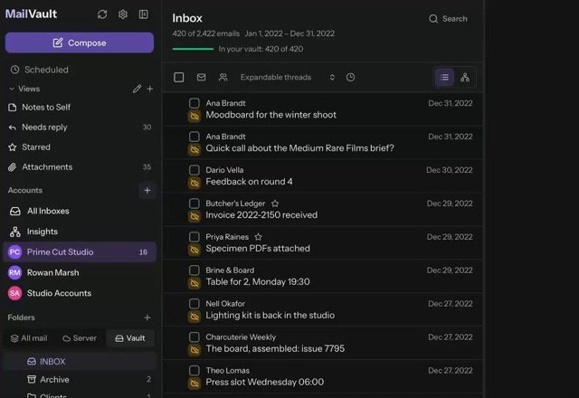 Reviewed for MailVault version 2.20.0 MailVault asks Archive, then delete from server?, Archive & delete is clicked, progress reaches 420 of 420, and the Vault view still lists the 420 archived messages from 2022. · Reviewed for MailVault version 2.20.0