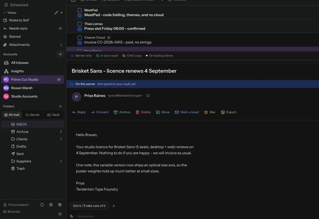 Reviewed for MailVault version 2.20.0 The window shows three columns. In Settings, Reading pane is set to Below the list, and the open message moves under the message list. · Reviewed for MailVault version 2.20.0