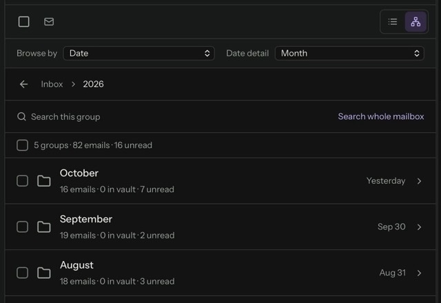 Reviewed for MailVault version 2.20.0 The message list is switched to Explorer. Mail is grouped by year, and a year opens into its months. · Reviewed for MailVault version 2.20.0