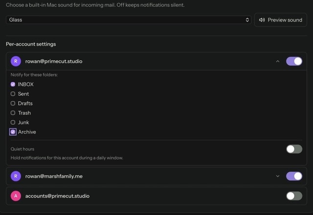 Reviewed for MailVault version 2.20.0 In the notification settings for each account, a folder is ticked to notify, and notifications for another account are switched off. · Reviewed for MailVault version 2.20.0