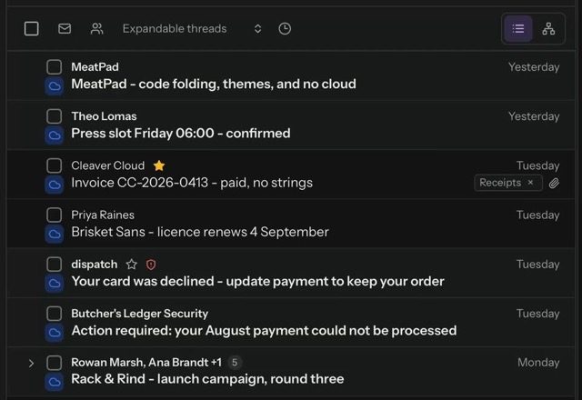 Reviewed for MailVault version 2.20.0 A message row is right-clicked and a radial wheel of actions opens around the pointer. Star is picked and the row's star turns amber. · Reviewed for MailVault version 2.20.0