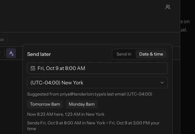 Reviewed for MailVault version 2.20.0 In Send later, Tomorrow 8am is picked, Schedule send is pressed, and the message appears under Scheduled. · Reviewed for MailVault version 2.20.0