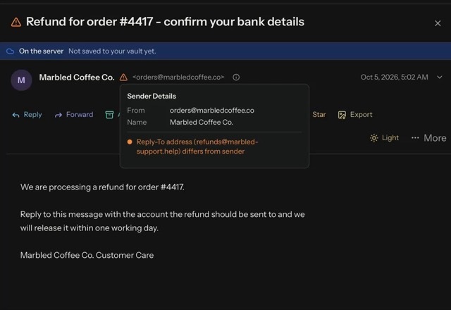 Reviewed for MailVault version 2.20.0 A green shield shows that SPF, DKIM and DMARC passed for one sender. On another message an amber warning says the Reply-To address differs from the sender. · Reviewed for MailVault version 2.20.0