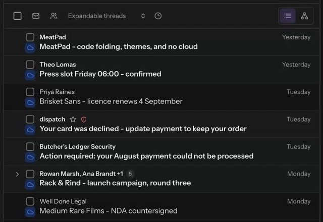 Reviewed for MailVault version 2.20.0 A message row is right-clicked, Snooze is chosen, and a picker offers Later today, Tomorrow, the weekend and next week. Tomorrow is picked and the message leaves the Inbox. · Reviewed for MailVault version 2.20.0