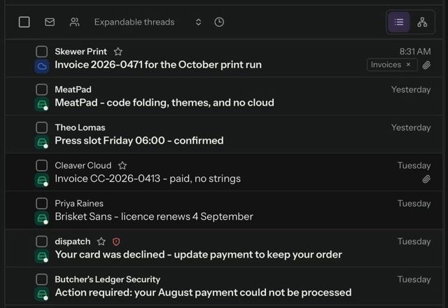 Reviewed for MailVault version 2.20.0 In Settings, Auto Tags shows a rule written in plain words. The Inbox then lists Invoice 2026-0471 at the top, with an Invoices tag on the row. · Reviewed for MailVault version 2.20.0