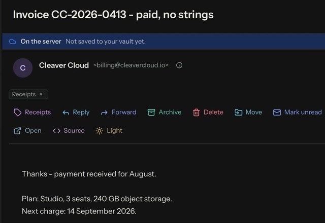 Reviewed for MailVault version 2.20.0 In the open message, a tag quick action is pressed and a Receipts tag appears under the sender. · Reviewed for MailVault version 2.20.0