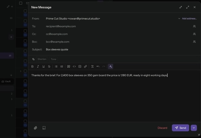 Reviewed for MailVault version 2.20.0 A new message is opened, Templates is clicked, the Print quote template is picked, and its text is inserted into the message. · Reviewed for MailVault version 2.20.0