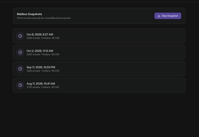 Reviewed for MailVault version 2.20.0 Snapshot cards are shown, Take Snapshot adds a new card, and an older snapshot is opened to show its inbox list. · Reviewed for MailVault version 2.20.0