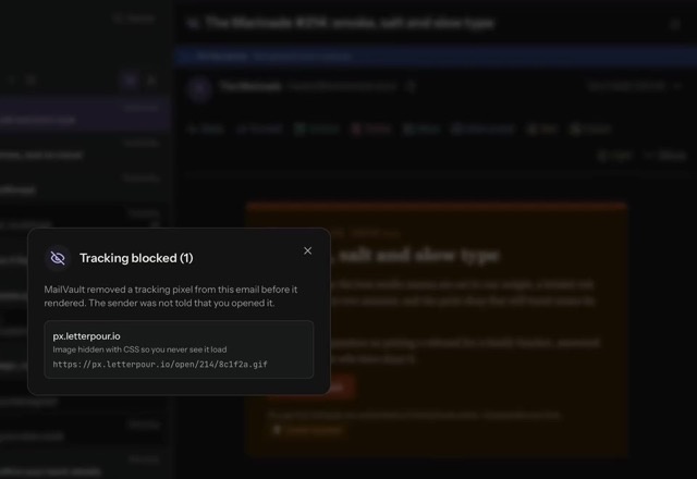 Reviewed for MailVault version 2.20.0 A newsletter opens marked Tracker blocked, and the eye icon opens Tracking blocked (1), which names the tracker. · Reviewed for MailVault version 2.20.0