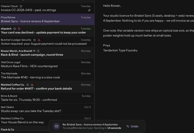 Reviewed for MailVault version 2.20.0 A reply is sent, a toast says Sending in 15 seconds with Undo, Undo is clicked, and the draft comes back. · Reviewed for MailVault version 2.20.0