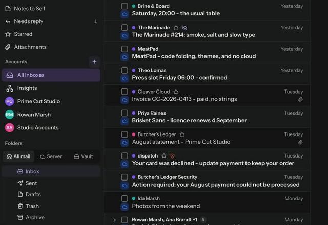 Reviewed for MailVault version 2.20.0 All Inboxes is clicked and messages from three accounts mix in one list, each with a colour dot for its account. · Reviewed for MailVault version 2.20.0