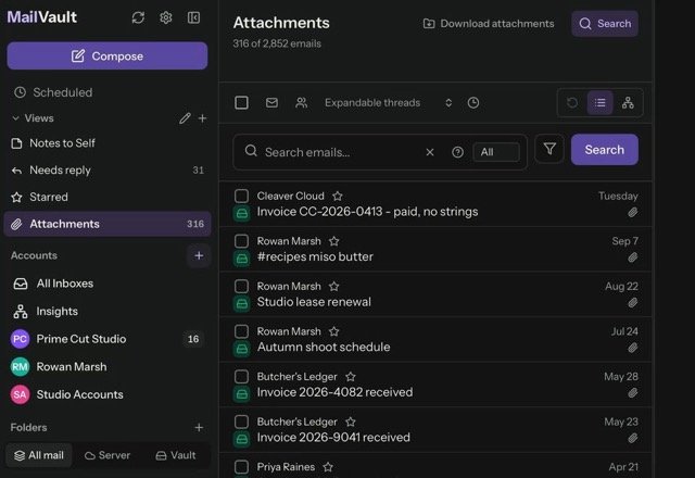 Reviewed for MailVault version 2.20.0 In the sidebar the saved view Attachments is opened and lists 316 emails, Needs reply lists 41, then Attachments is opened again. · Reviewed for MailVault version 2.20.0