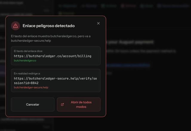 Se hace clic en un enlace de un correo de phishing y MailVault muestra Enlace peligroso detectado: el texto del enlace nombra una dirección pero va a otra, con Cancelar y Abrir de todos modos. · Reviewed for MailVault version 2.20.0