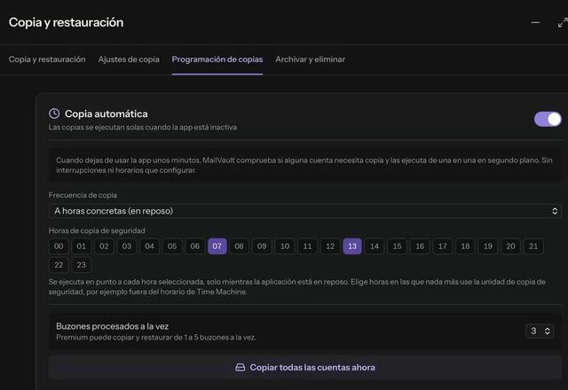 En Programación de copias, se activa la copia automática, la frecuencia pasa a A horas concretas y se eligen las horas 07, 13 y 22. · Reviewed for MailVault version 2.20.0