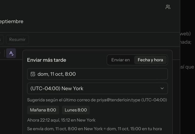 En Enviar más tarde, se elige Mañana 8:00, se pulsa Programar envío y el mensaje aparece en Programados. · Reviewed for MailVault version 2.20.0