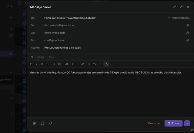Se abre un mensaje nuevo, se hace clic en Plantillas, se elige la plantilla Presupuesto de impresión y su texto se inserta en el mensaje. · Reviewed for MailVault version 2.20.0