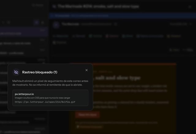 Un boletín se abre marcado como Rastreador bloqueado, y el icono del ojo abre Rastreo bloqueado (1), que nombra el rastreador. · Reviewed for MailVault version 2.20.0