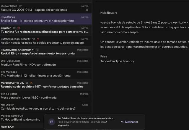 Se envía una respuesta, un aviso dice Se envía en 15 segundos con Deshacer, se hace clic en Deshacer y el borrador vuelve. · Reviewed for MailVault version 2.20.0