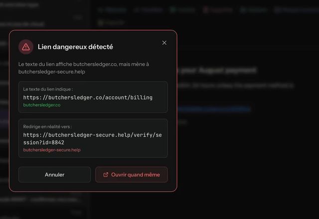 On clique sur un lien dans un e-mail d’hameçonnage et MailVault affiche « Lien dangereux détecté » : le texte du lien indique une adresse mais mène ailleurs, avec « Annuler » et « Ouvrir quand même ». · Reviewed for MailVault version 2.20.0
