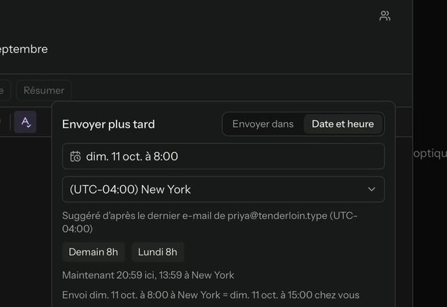 Dans « Envoyer plus tard », « Demain 8h » est choisi, « Programmer l’envoi » est pressé, et le message apparaît dans « Programmés ». · Reviewed for MailVault version 2.20.0