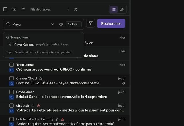 Priya est saisi dans la zone de recherche, « Rechercher » est pressé, et les messages correspondants apparaissent dans la liste. · Reviewed for MailVault version 2.20.0