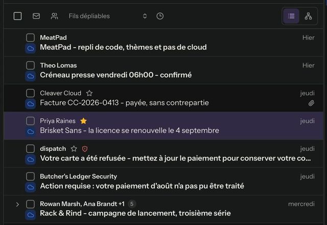 Dans les réglages des raccourcis clavier, le raccourci « Suivre » passe de s à l. Puis l est pressé et le message ouvert est suivi. · Reviewed for MailVault version 2.20.0