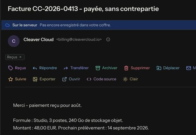 Dans le message ouvert, une action rapide d’étiquette est pressée et une étiquette Reçus apparaît sous l’expéditeur. · Reviewed for MailVault version 2.20.0