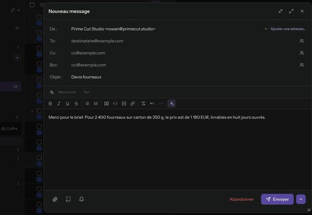 Un nouveau message est ouvert, « Modèles » est cliqué, le modèle « Devis d’impression » est choisi, et son texte est inséré dans le message. · Reviewed for MailVault version 2.20.0
