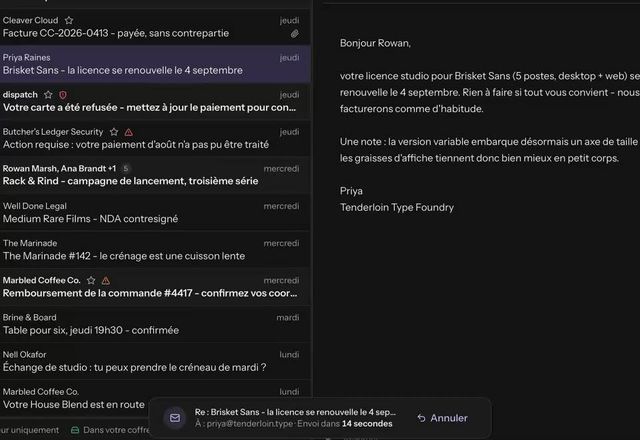 Une réponse est envoyée, un message indique « Envoi dans 15 secondes » avec « Annuler », on clique sur « Annuler », et le brouillon revient. · Reviewed for MailVault version 2.20.0