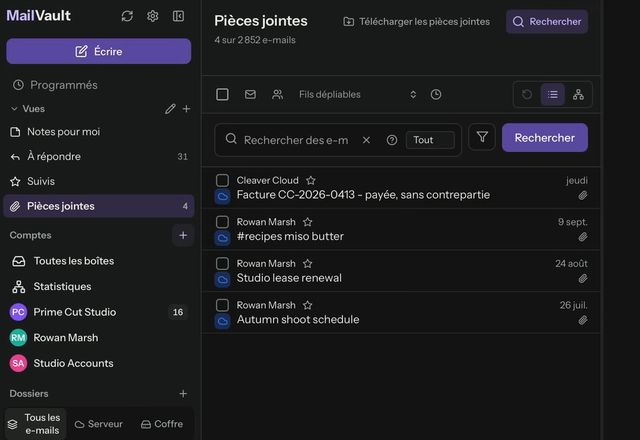 Dans la barre latérale, la vue enregistrée « Pièces jointes » est ouverte et liste 316 e-mails, « À répondre » en liste 41, puis « Pièces jointes » est rouverte. · Reviewed for MailVault version 2.20.0