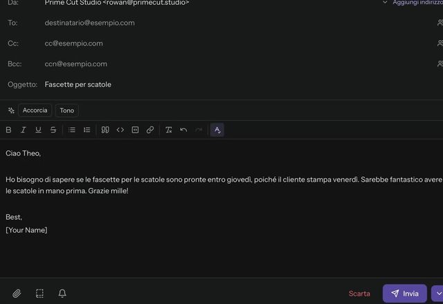 Un paragrafo scritto di getto è in un nuovo messaggio, si preme Accorcia, una finestra di revisione mostra che il testo sarà inviato a Questo dispositivo e la riscrittura fatta sul dispositivo sostituisce la bozza. · Reviewed for MailVault version 2.20.0
