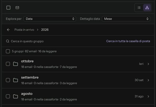 L’elenco dei messaggi passa a Explorer. La posta è raggruppata per anno e un anno si apre nei suoi mesi. · Reviewed for MailVault version 2.20.0