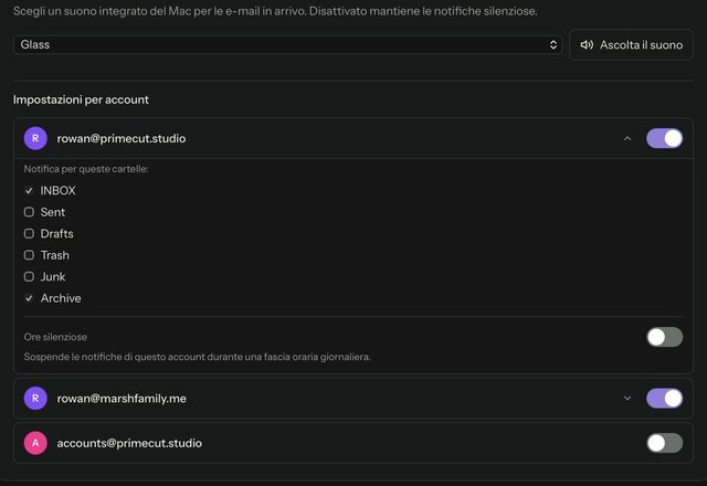 Nelle impostazioni delle notifiche di ogni account, una cartella viene selezionata per avvisare e le notifiche di un altro account vengono disattivate. · Reviewed for MailVault version 2.20.0