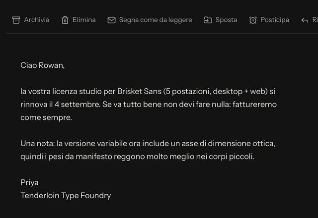 Si vede la barra del messaggio aperto, si sceglie un preset di azioni rapide in Impostazioni e la barra mostra poi un insieme diverso di azioni. · Reviewed for MailVault version 2.20.0