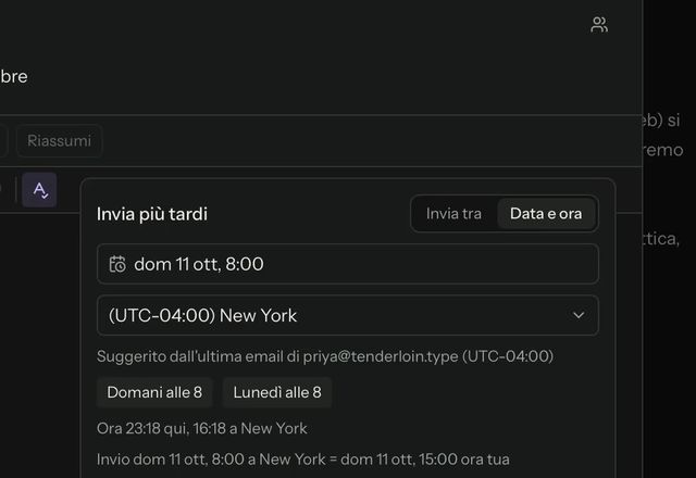 In Invia più tardi si sceglie Domani alle 8, si preme Programma invio e il messaggio compare in Programmati. · Reviewed for MailVault version 2.20.0
