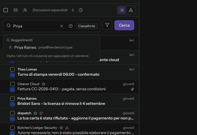 Si scrive Priya nella casella di ricerca, si preme Cerca e i messaggi corrispondenti compaiono nell’elenco. · Reviewed for MailVault version 2.20.0