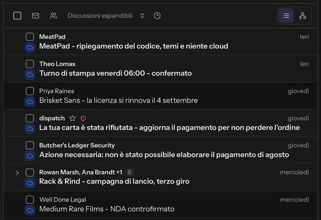 Si clicca con il tasto destro una riga di messaggio, si sceglie Posticipa e un selettore offre Più tardi oggi, Domani, il fine settimana e la prossima settimana. Si sceglie Domani e il messaggio lascia la Posta in arrivo. · Reviewed for MailVault version 2.20.0
