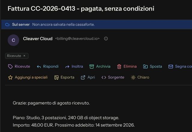 Nel messaggio aperto si preme l’azione rapida del tag e sotto il mittente compare un tag Ricevute. · Reviewed for MailVault version 2.20.0