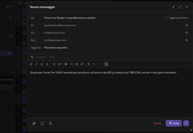 Si apre un nuovo messaggio, si clicca Modelli, si sceglie il modello Preventivo di stampa e il suo testo viene inserito nel messaggio. · Reviewed for MailVault version 2.20.0