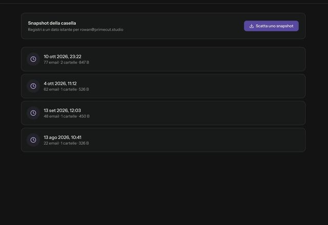 Si vedono le schede degli snapshot, Scatta uno snapshot aggiunge una nuova scheda e si apre uno snapshot più vecchio per mostrare l’elenco della sua posta in arrivo. · Reviewed for MailVault version 2.20.0