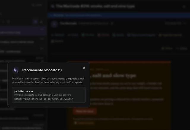 Una newsletter si apre contrassegnata come Tracker bloccato e l’icona dell’occhio apre Tracciamento bloccato (1), che indica il tracker. · Reviewed for MailVault version 2.20.0