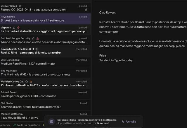 Si invia una risposta, un avviso dice Invio tra 15 secondi con Annulla, si clicca Annulla e la bozza torna indietro. · Reviewed for MailVault version 2.20.0